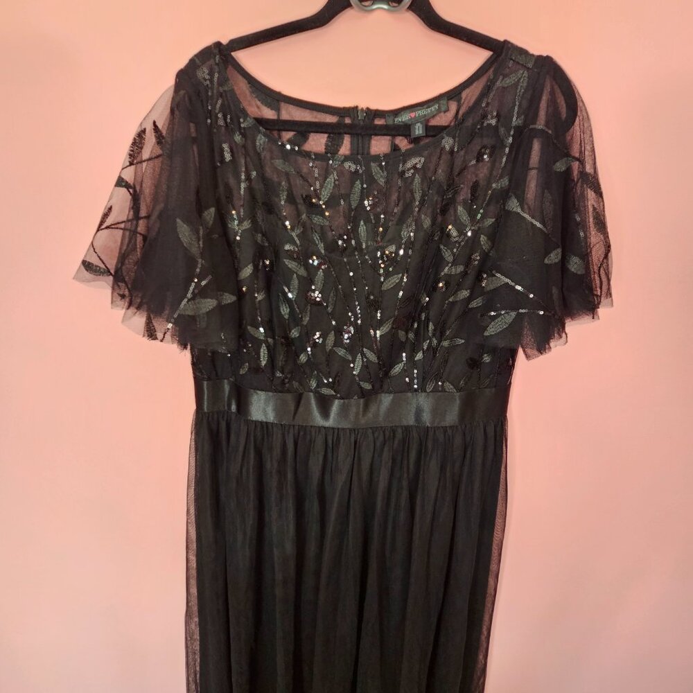 NWT Ever Pretty Black A-Line Tulle Sequin Flutter Sleeve Gown Long Formal Dress - Picture 9 of 11
